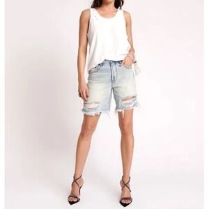 One Teaspoon Jackson Mid Waist Wide Leg Shorts Kansas Blue In‎ Multi Size 22